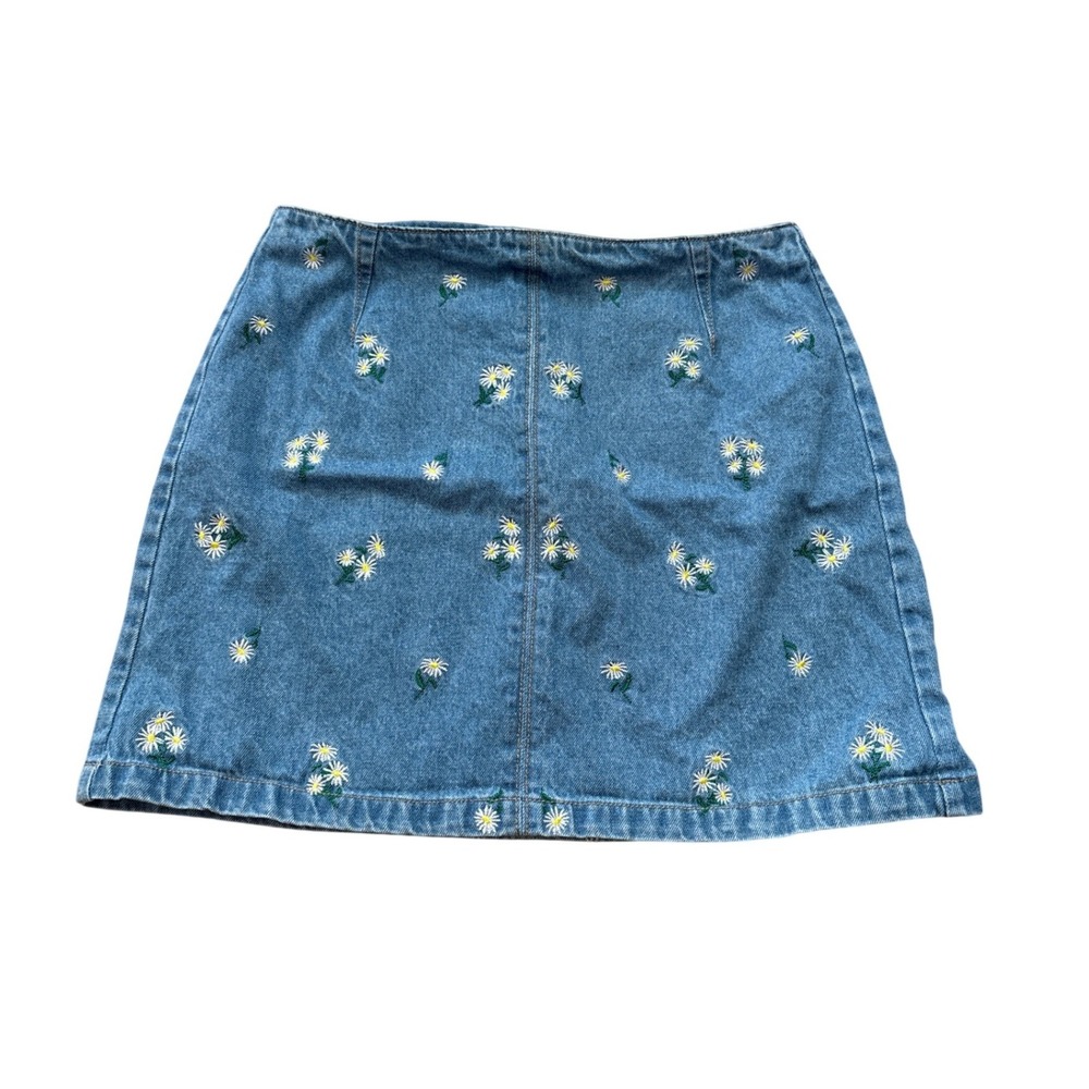 H&M Blue Denim Mini Skirt with White & Yellow Daisy Embroidery
